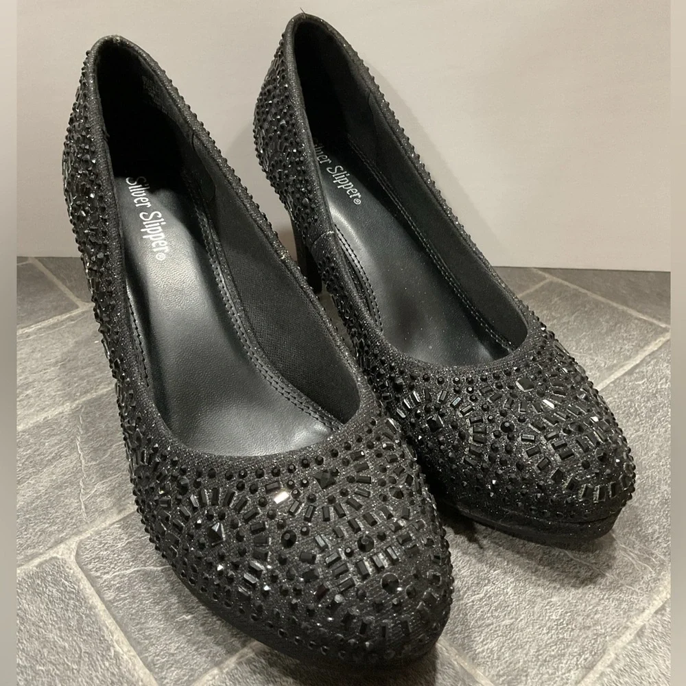 Silver Slipper Flirty Black Rhinestone Heel